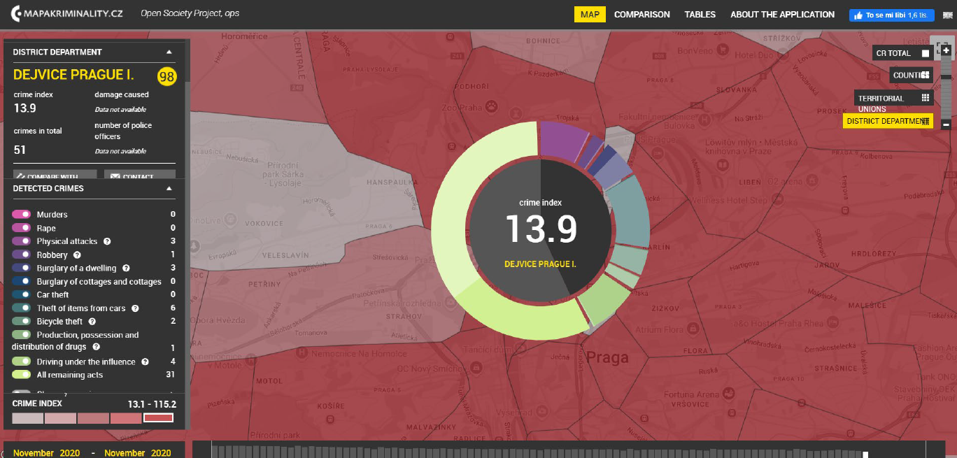 Screenshot from Mapakriminality. cz about criminal activity in the Dejvice neighbourhood